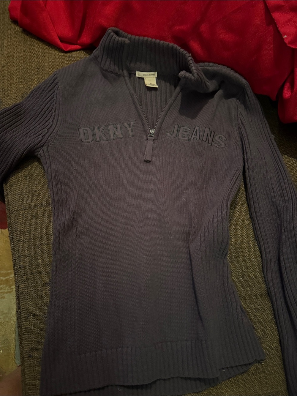 DKNY Jeans Women's Ribbed Half-Zip Sweater in Charcoal -Medium